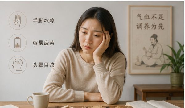 气血不足的常见表现：手脚冰凉、疲劳和头晕